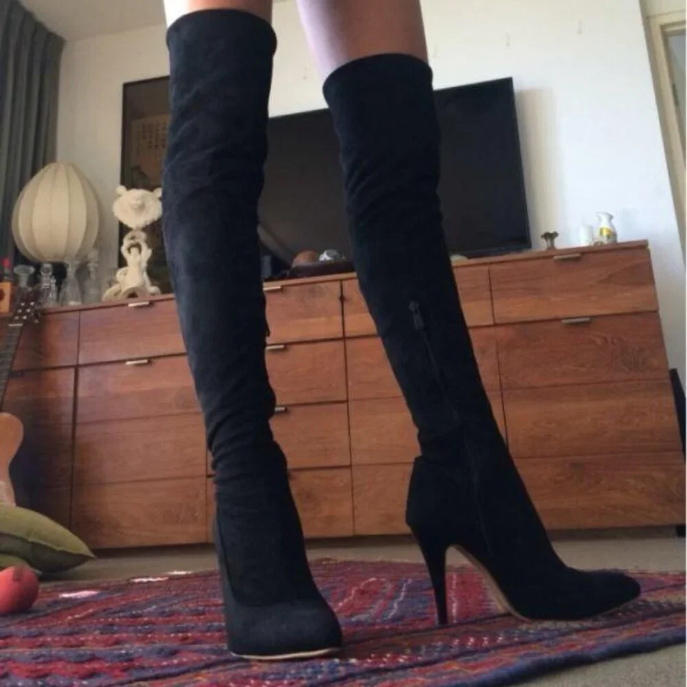 🆕Women Suede Polyurethane Over The Knee High Stretchy Leather Thigh High Boots